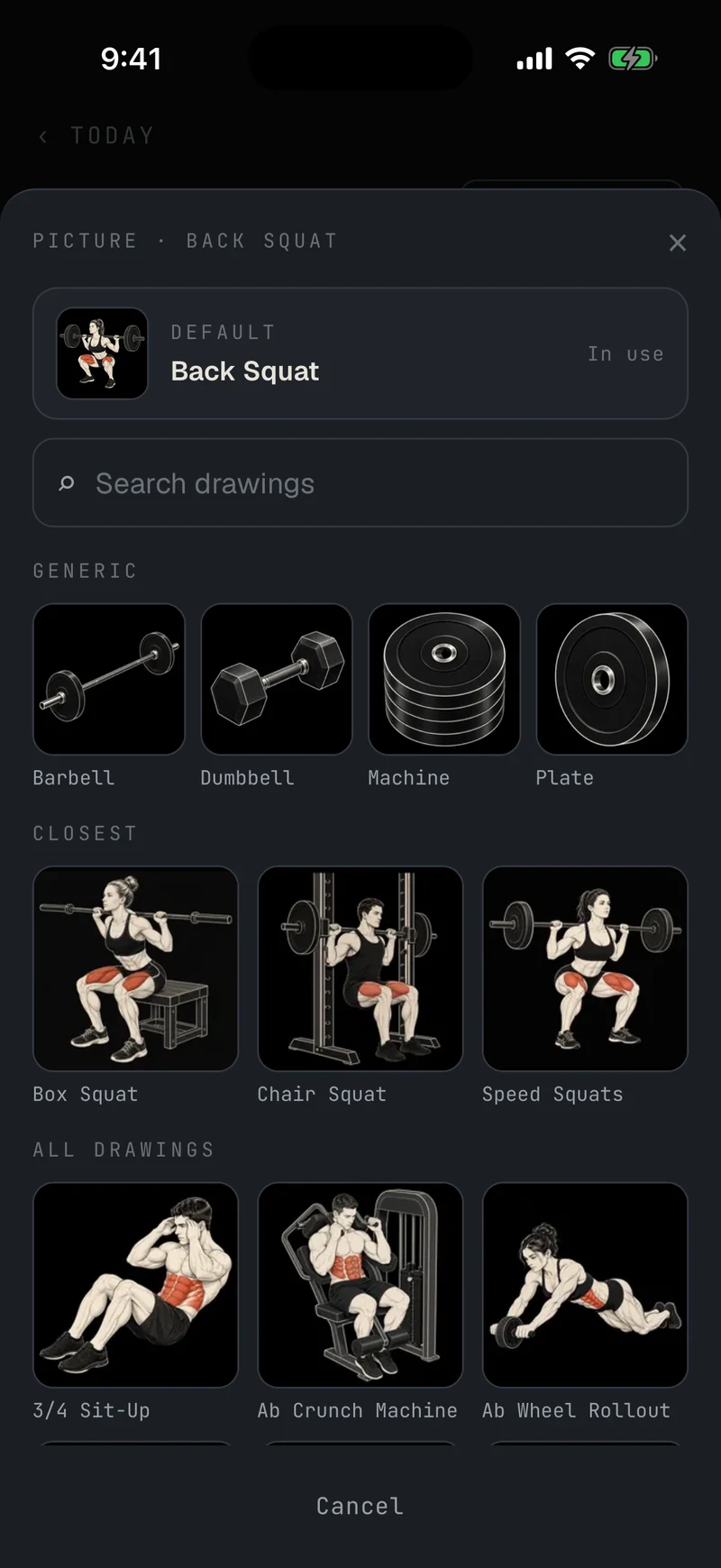 Proof drawing picker for Back Squat: generic gear, the closest squat drawings, and the full library