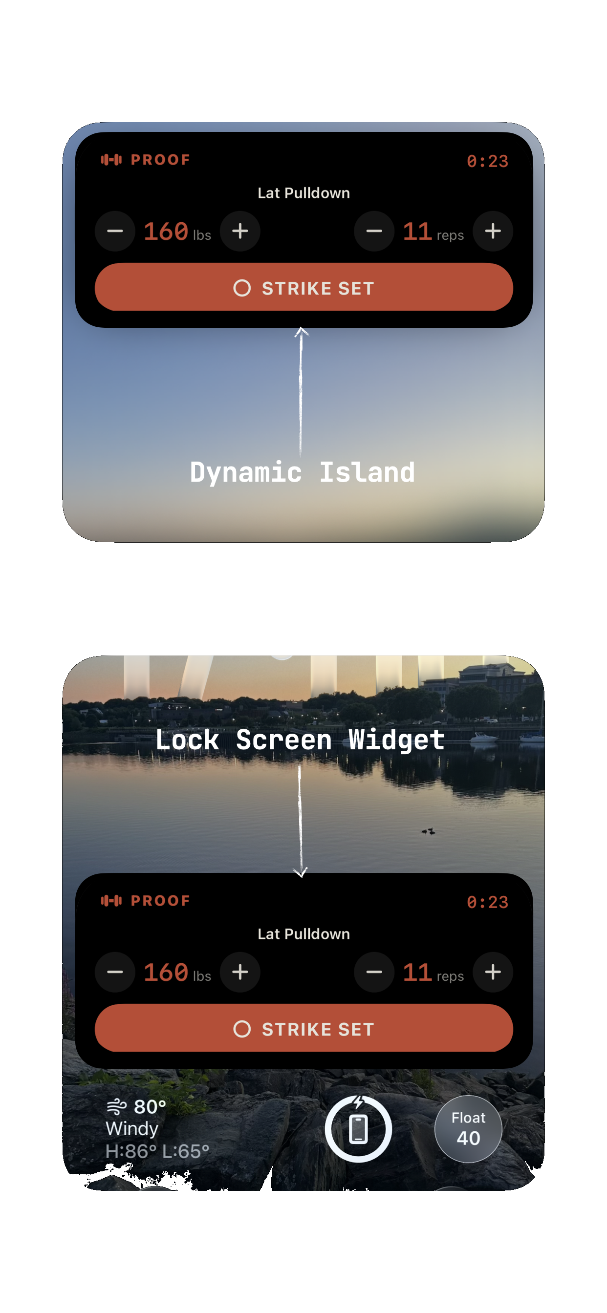 Proof's rest timer as a Live Activity: the Dynamic Island up top and the Lock Screen widget below, each showing weight, reps, and a strike button