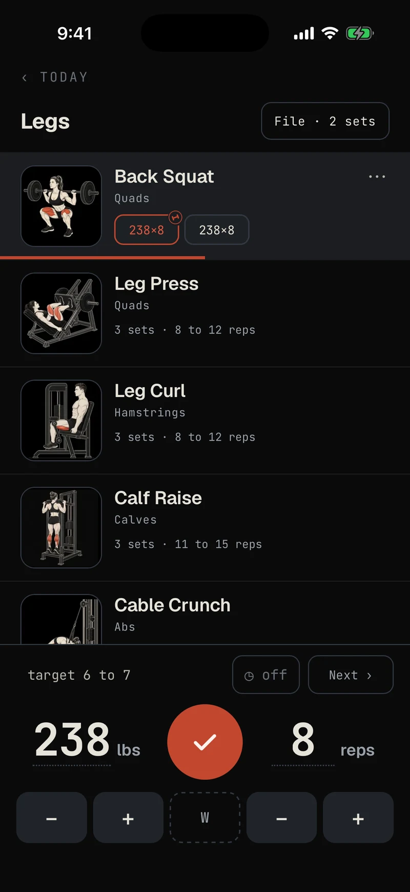 Proof one-screen logger: Legs day with illustrated lifts on top and the weight and reps pad below