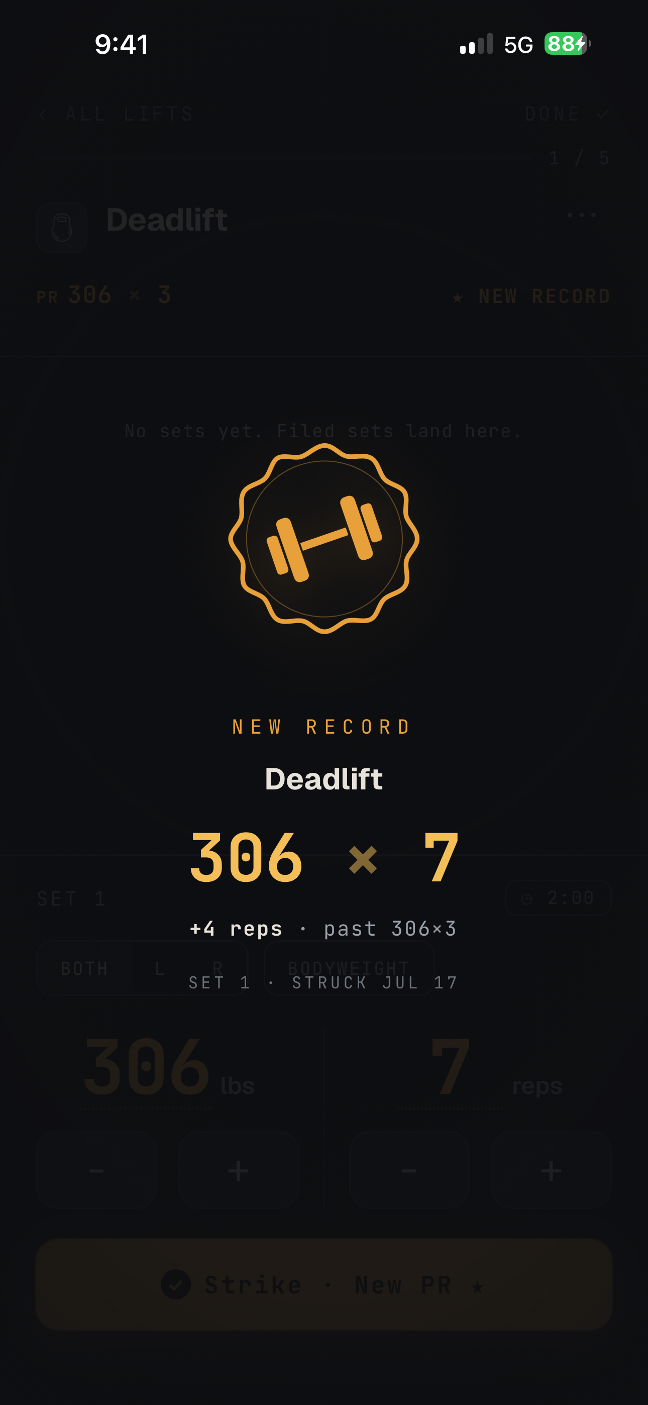 Proof new-record moment: Deadlift 306 by 7, four reps past the old best