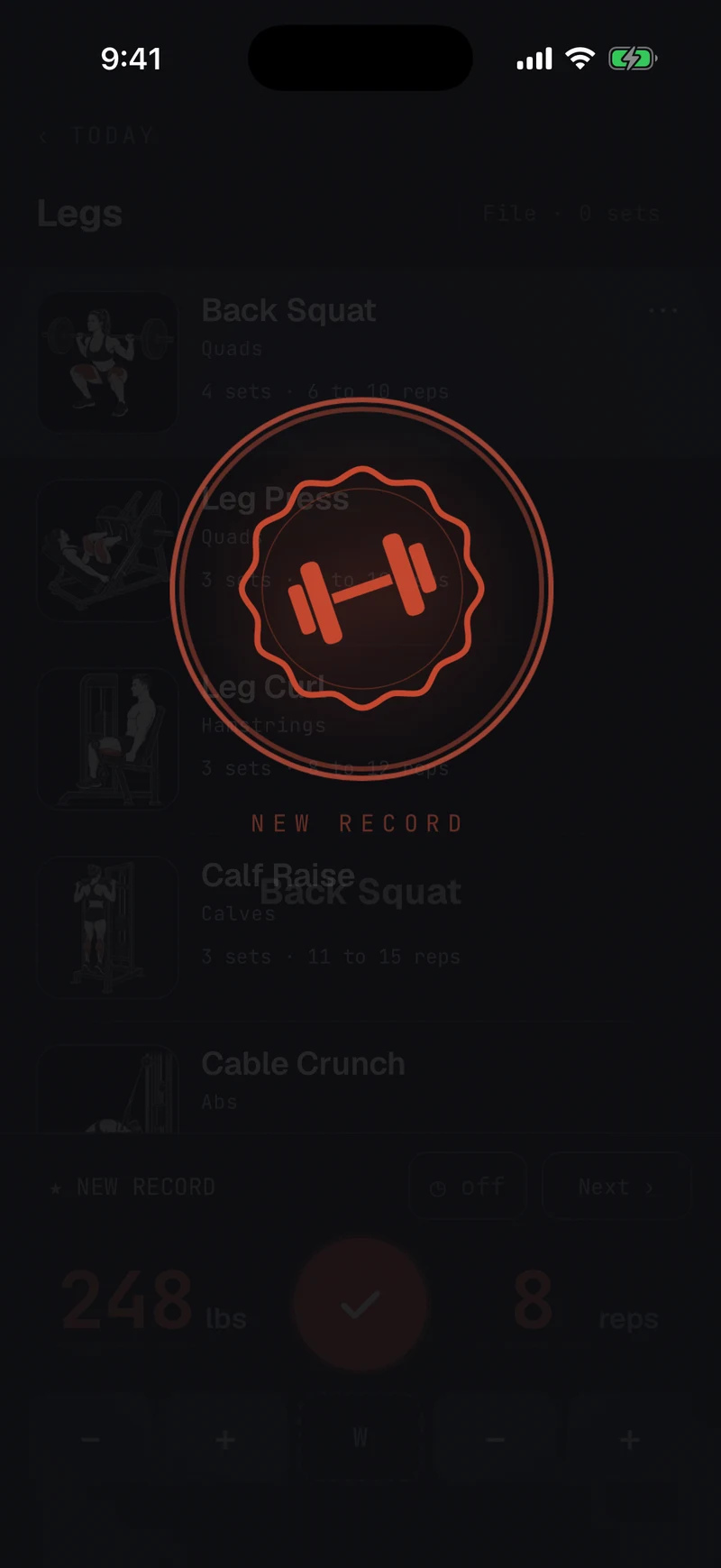 Proof new-record moment on the logger: the wax seal stamps over the screen with New record, Back Squat