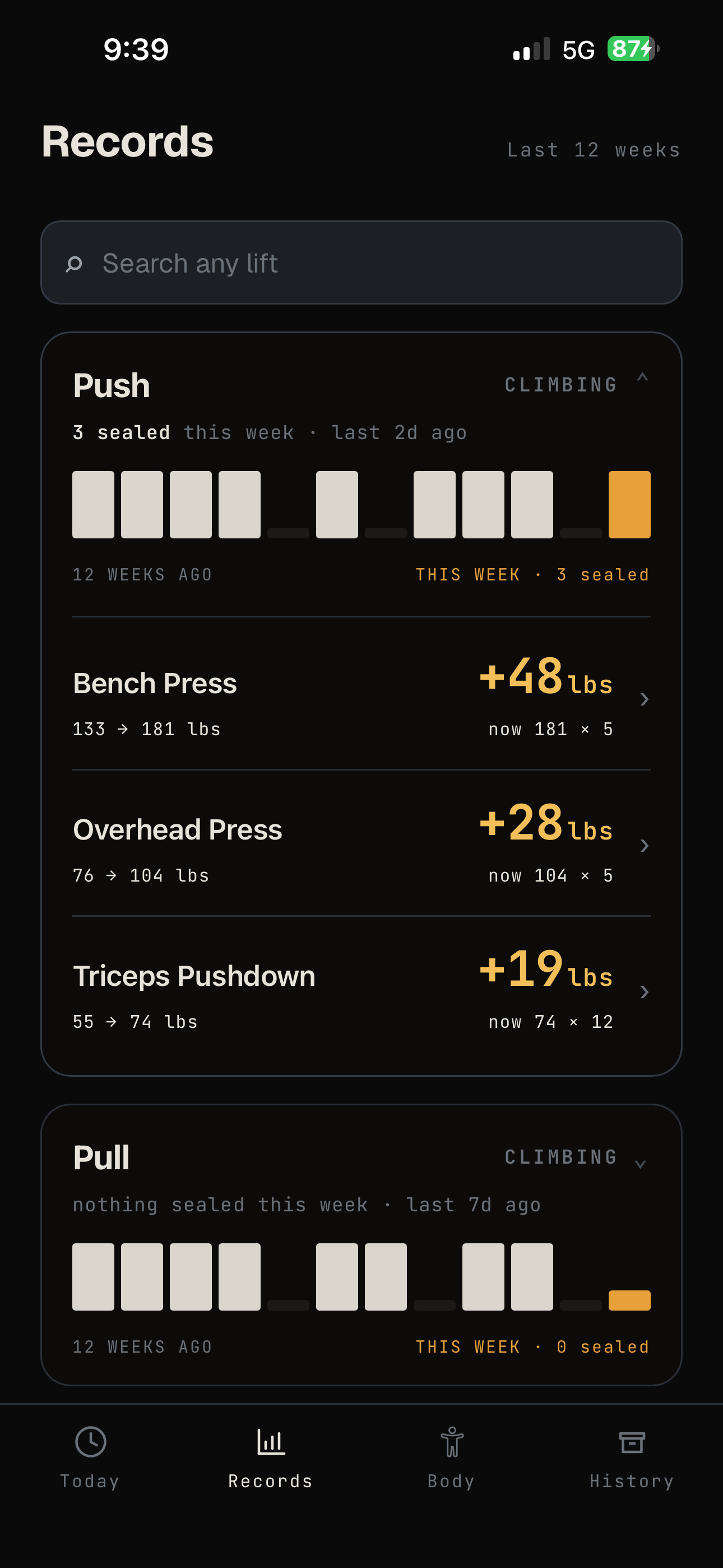 Proof records: 12-week PR strips and per-lift gains