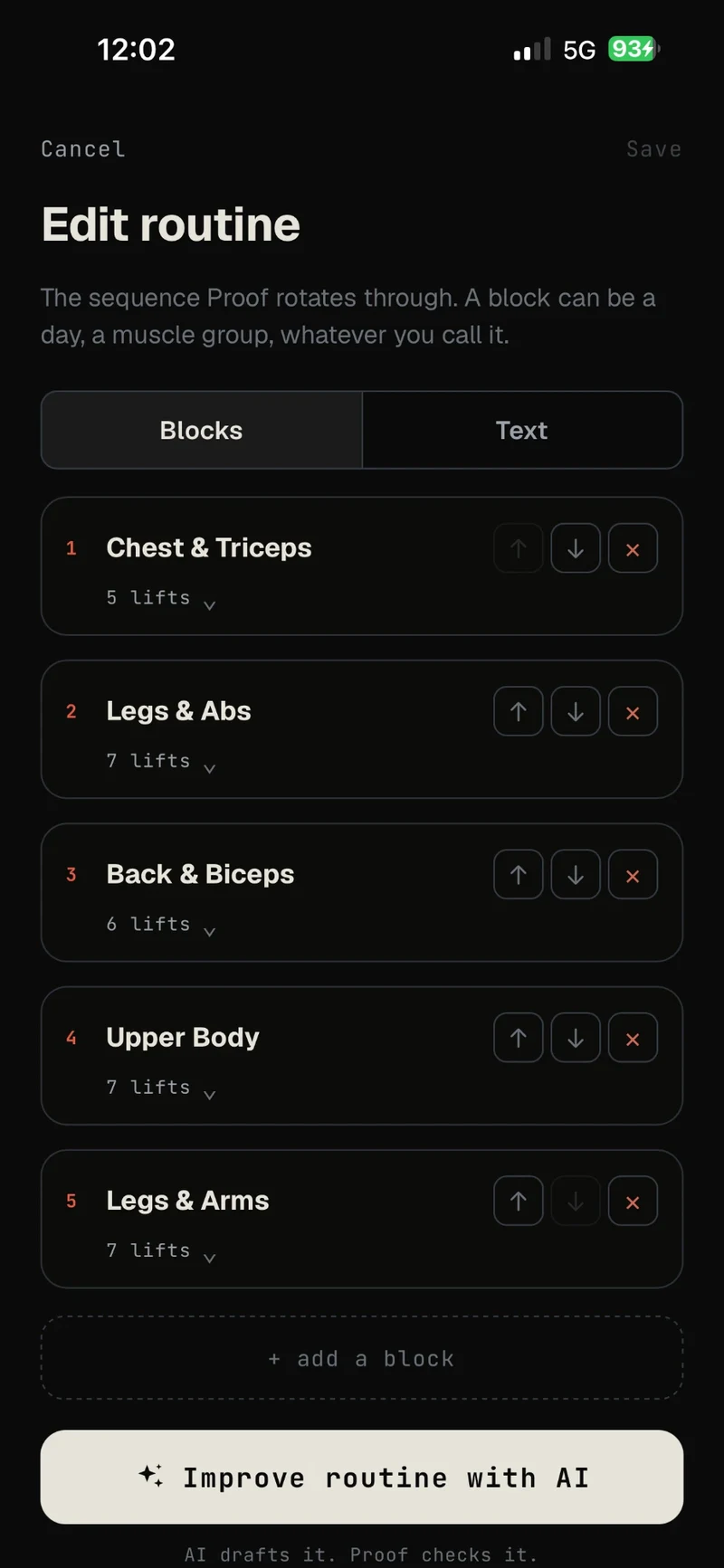 Proof edit routine: day blocks you can reorder, with Improve routine with AI at the bottom