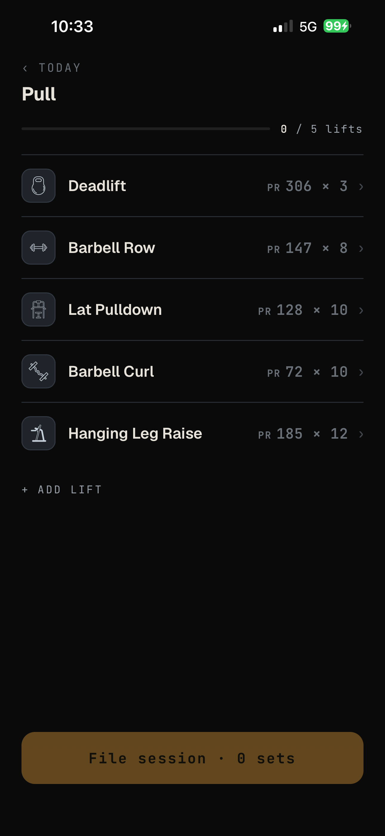 Proof session screen: today's lifts as a board, tap any to log