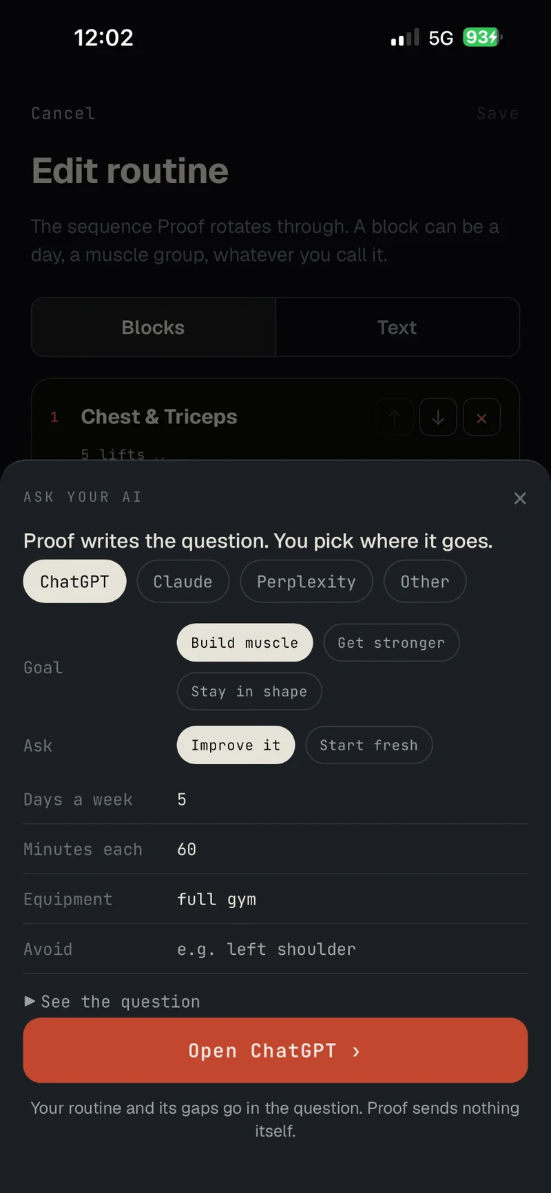 Ask your AI: pick ChatGPT, Claude, Perplexity, or another, with your goal, days, minutes, and equipment filled in