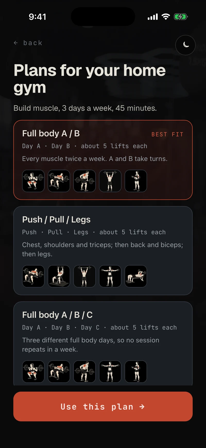 Setup: plans for your home gym, Full body A and B marked best fit, each with its lifts drawn