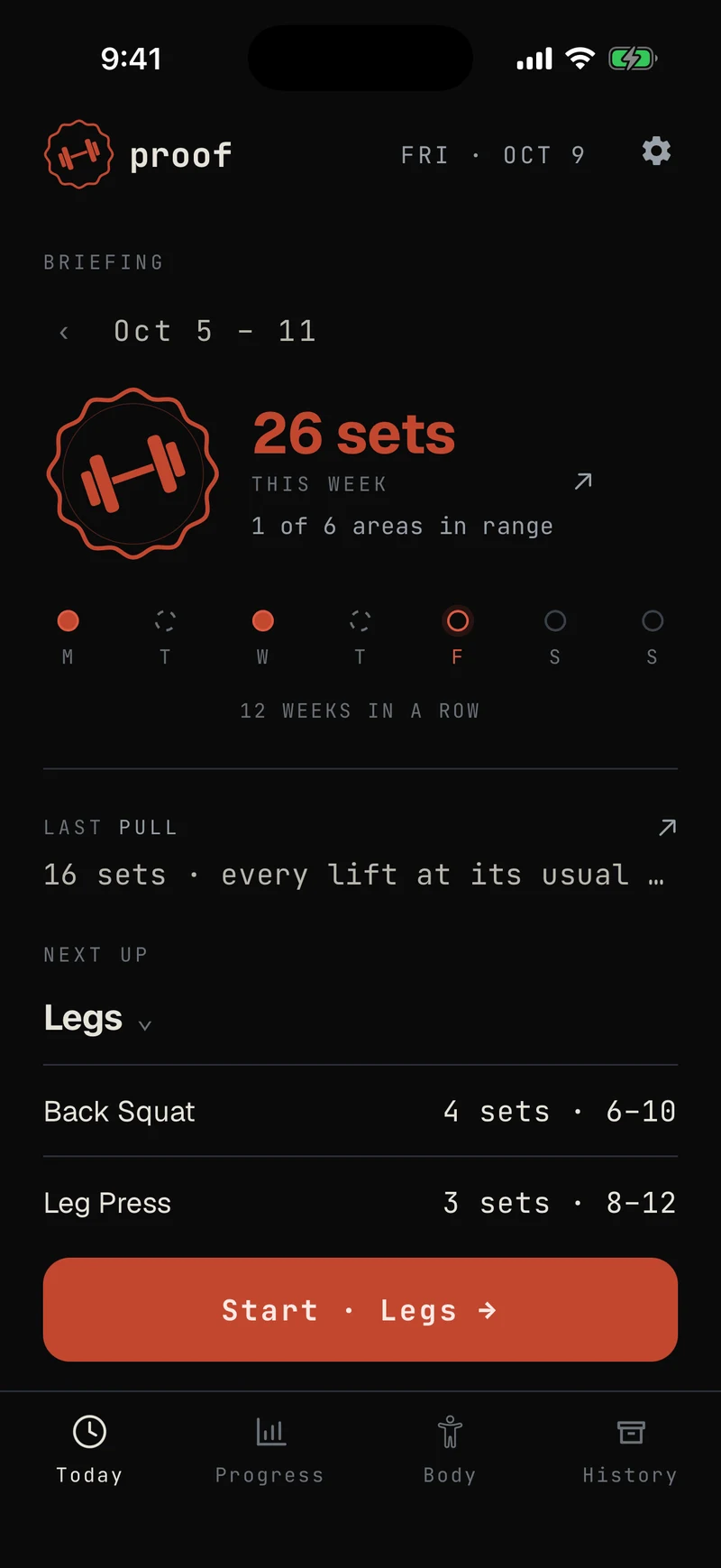 Proof today screen, dark skin: 26 sets this week, 12 weeks in a row, next up Legs