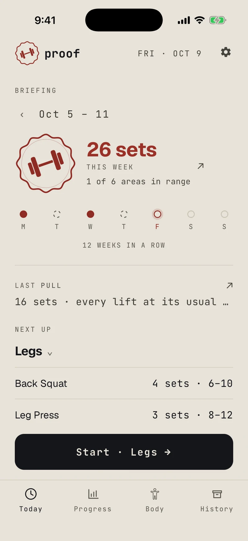 Proof today screen, light skin: 26 sets this week, next up Legs