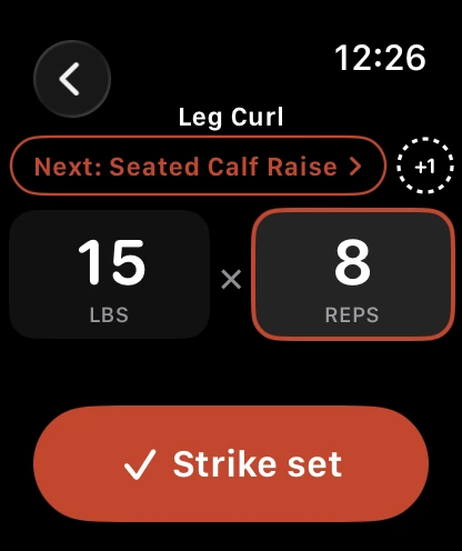 Proof on Apple Watch: Leg Curl, 15 lbs by 8 reps, Strike set, and a Next button for the following lift