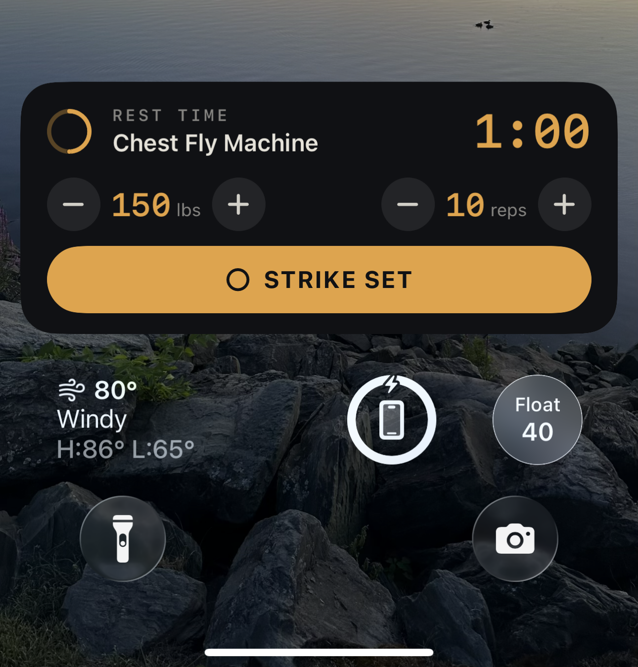 Proof Lock Screen widget: rest timer for Chest Fly Machine, strike the set